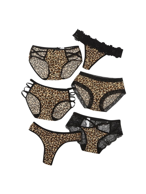Women's 6 Packs Sexy Bikini Underwear Leopard Print Lingerie Contrast Lace Thong Panties
