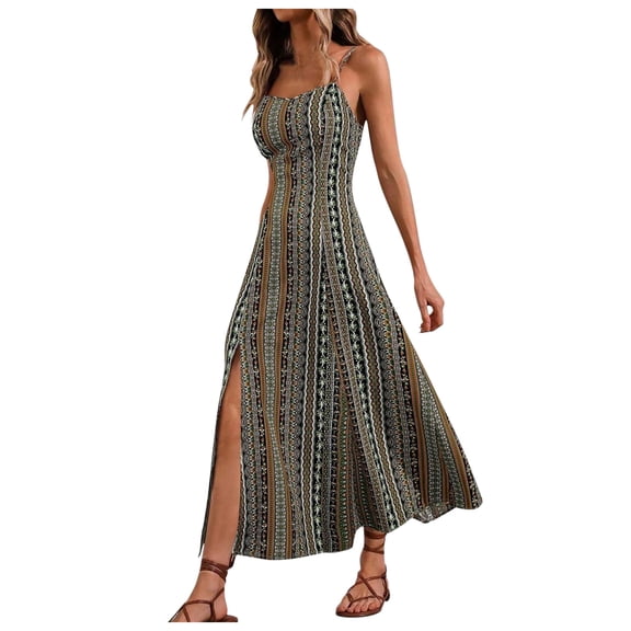 SCSAlgin Women's Boho Split Thigh Vacation Midi Dress Spaghetti Strap Slim Fit Cami Slip Dresses
