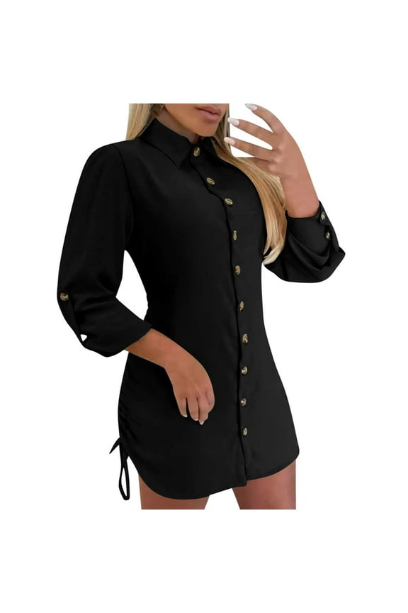 Women's Button Down Lapel Shirt Dress Long Sleeve Drawstring Side Sexy Mini Dresses Tunic Tops