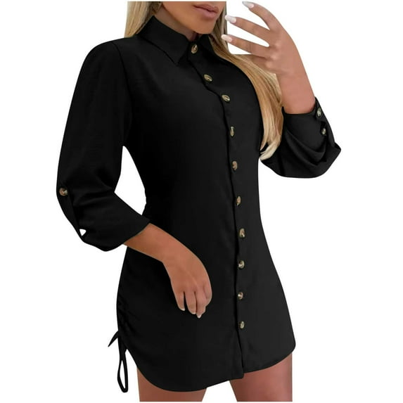 SCSAlgin Women's Button Down Lapel Shirt Dress Long Sleeve Drawstring Side Sexy Mini Dresses Tunic Tops
