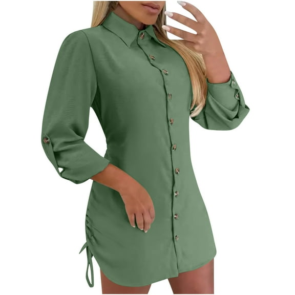 SCSAlgin Women's Button Down Lapel Shirt Dress Long Sleeve Drawstring Side Sexy Mini Dresses Tunic Tops