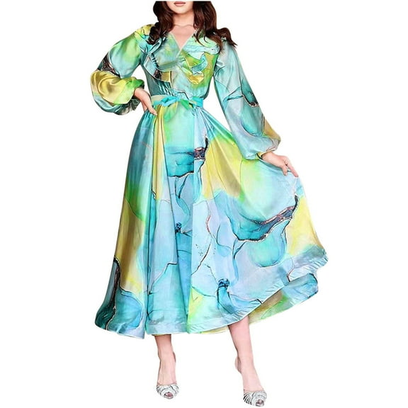 SCSAlgin Women's Casual Fashion Printed Dress V Neck Long Sleeve Dresses Wrinkled Flowing Maxi Dress with Belt