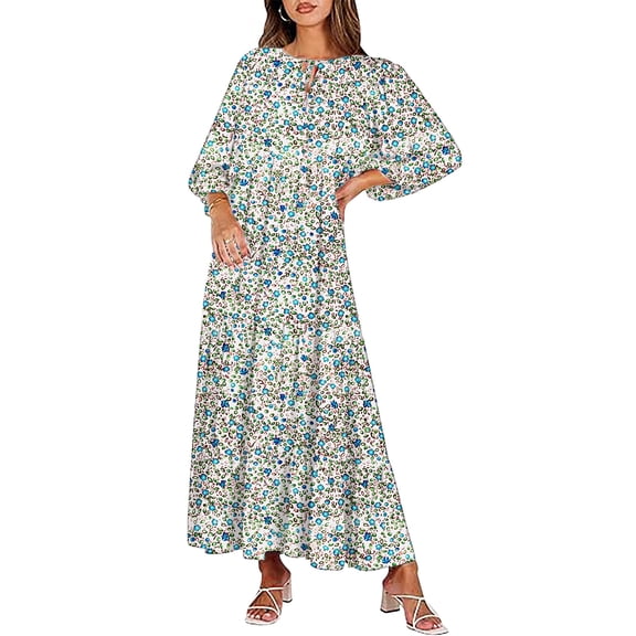 SCSAlgin Women's Casual Loose Bohemian Maxi Dress Retro Printed V Neck Puff Long Sleeve Swing Dresses Fall Beach Sundress