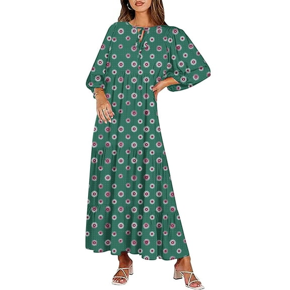 SCSAlgin Women's Casual Loose Bohemian Maxi Dress Retro Printed V Neck Puff Long Sleeve Swing Dresses Fall Beach Sundress