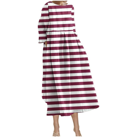 SCSAlgin Women's Casual Loose Midi Dresses Stripe Flowing Dress Long Sleeve Crew Neck Oversized Dress with Pockets