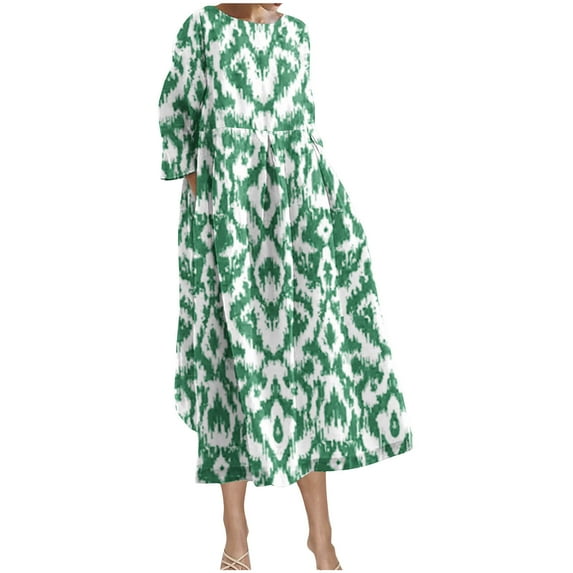 SCSAlgin Women's Casual Midi Dresses Fashion Printed Boho Flowy Dress Long Sleeve Crew Neck Oversized Dress with Pockets