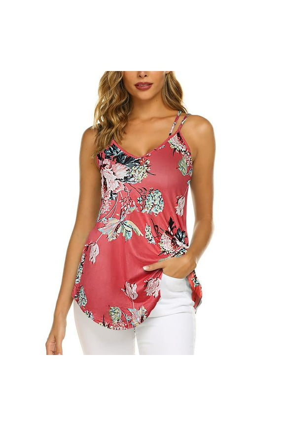 Women's Casual Summer Spaghetti Strap Tank Tops Floral Print Sleeveless V Neck Strappy Shirts