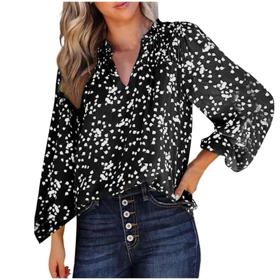 SCSAlgin Women's Casual V Neck Floral Printed Smocked Long Sleeve Chiffon Blouses Bohemian Top Shirts