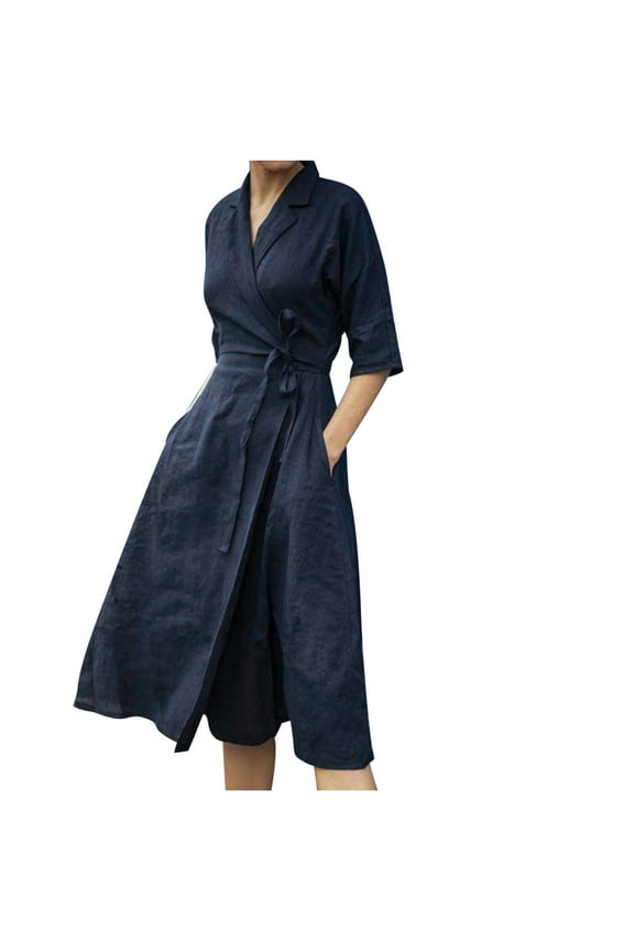 Women's Cotton Linen Dress Casual Boho V Neck Half Sleeve Tie Waist Split Beach Midi Dresses with Pockets