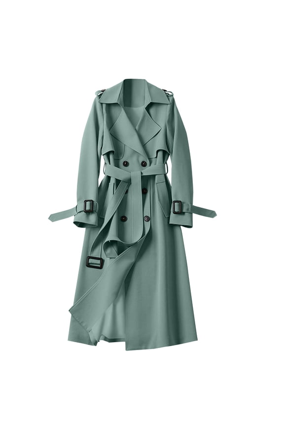 Women's Double Breasted Long Trench Coat Belted Notch Lapel Overcoat Windproof Classic Outerwear