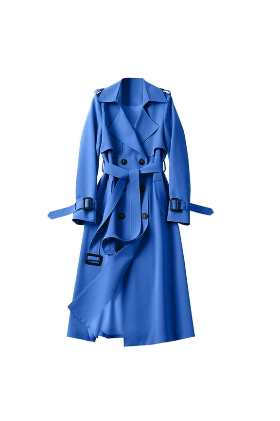 Women's Double Breasted Long Trench Coat Belted Notch Lapel Overcoat Windproof Classic Outerwear