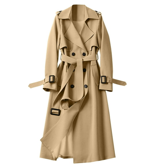 SCSAlgin Women's Double Breasted Long Trench Coat Belted Notch Lapel Overcoat Windproof Classic Outerwear