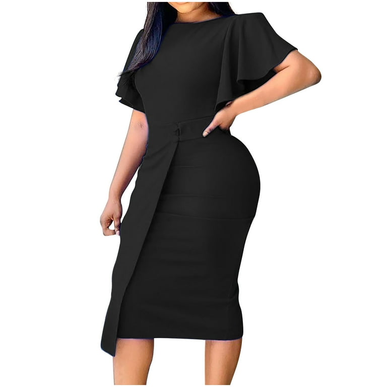 SCSAlgin Women's Elegant Basic Bodycon Ruffle Flared Short Sleeve Solid Color Crew Neck Pencil Midi Dress - Walmart.com SCSAlgin Women's Elegant Basic Bodycon Ruffle Flared Short Sleeve Solid Color Crew Neck Pencil Midi Dress - Walmart.com