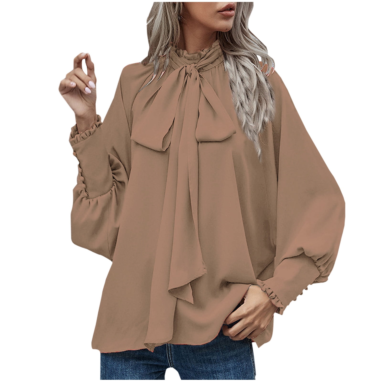 SweatyRocks Women's Bow Tie Mock Neck Blouse With Lace Sleeves – Casual Long Sleeve Top