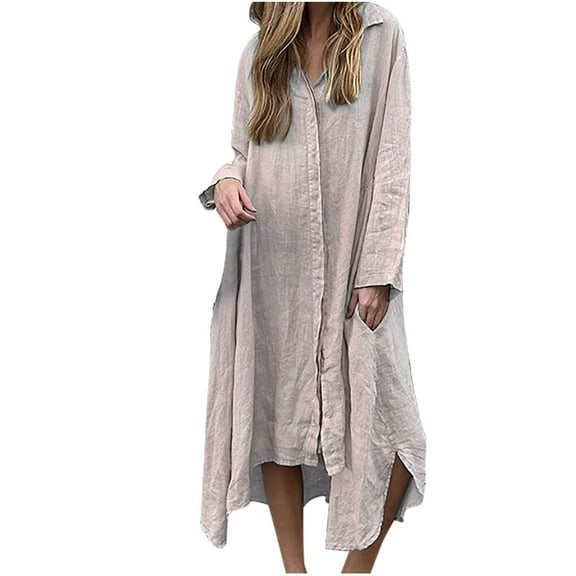 SCSAlgin Women's Fashion Casual Solid Color Long Sleeve Button Pocket Turndow Collar Dress