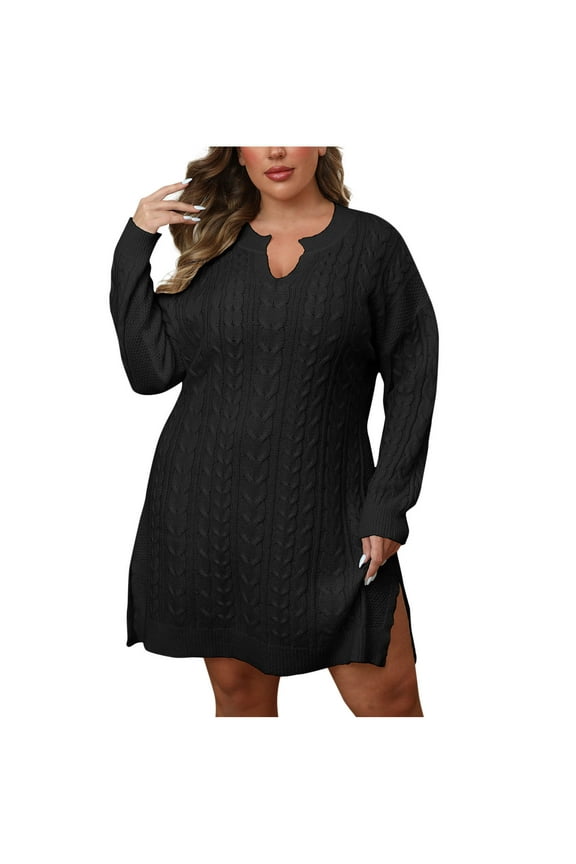Women's Fashion Oversize Elasticity Solid Color Long Sleeve V-Neck Dress