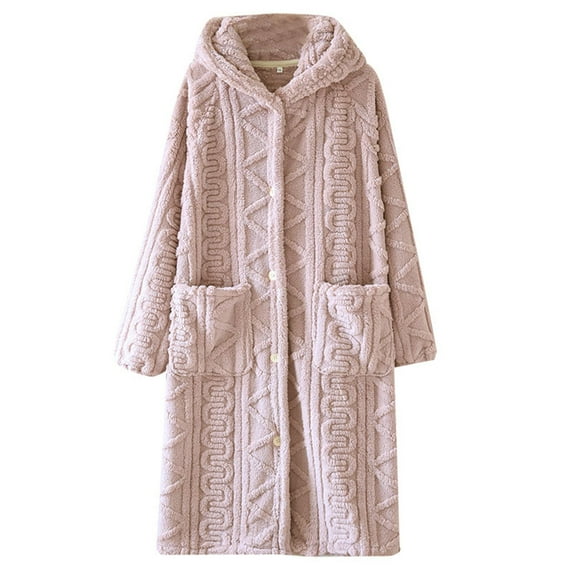 SCSAlgin Women's Flannel Nightgown Winter Plush Thicken Bathrobe Button Front Robe Hood Casual Loungewear with Pockets