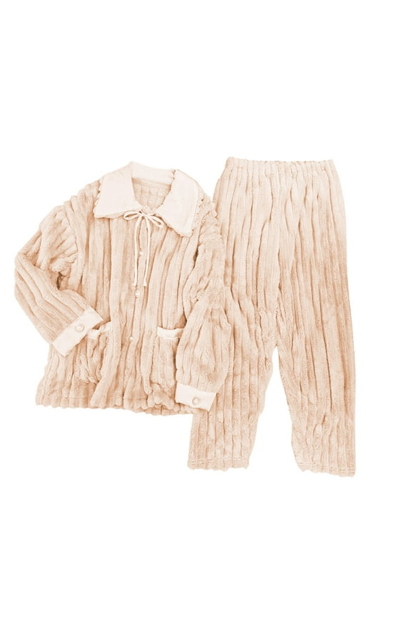 Women's Fluffy Pajamas Set Button Down Flannel Tops Fuzzy Pants 2024 Winter Warm Sleepwear with Pockets