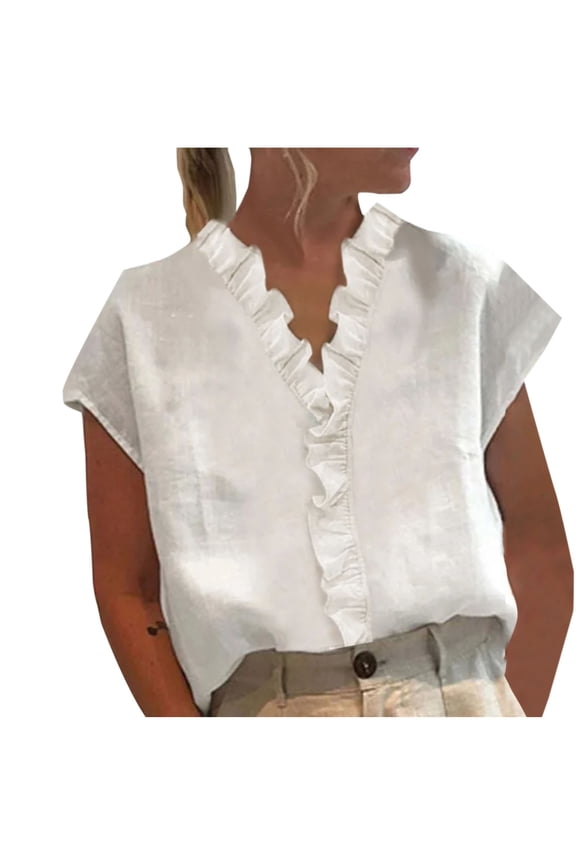 Women's Frill Ruffle Dolman Short Sleeve V Neck Textured Summer Work Blouses