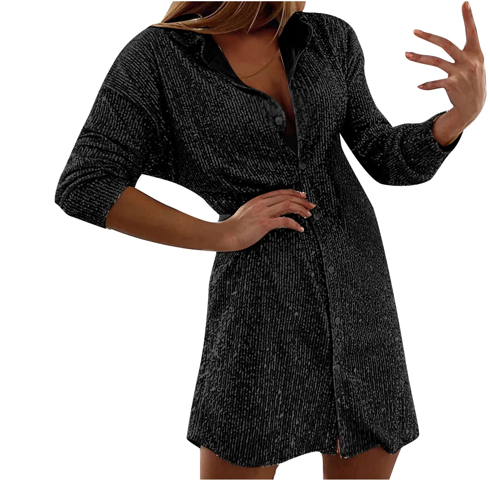 Scsalgin Women's Glitter Sequin Button Down Shirt Dress Long Sleeve Lapel Concert Party Clubwear Trendy Mini Dress, Size: XL, Black