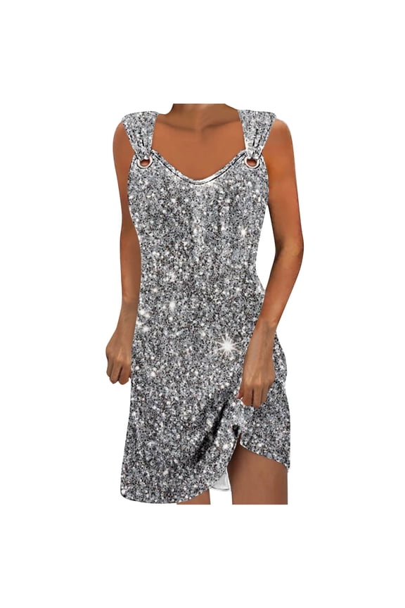 Women's Glitter Sequin Dress Sleeveless V Neck Party Cocktail Sparkly Mini Dress Clubwear