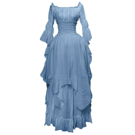 SCSAlgin Women's Gothic Witch Dress Puff Sleeve Off Shoulder Ruffle Dresses Medieval Renaissance Costume Victorian Dress