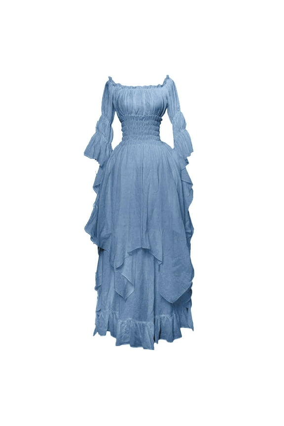 Women's Gothic Witch Dress Puff Sleeve Off Shoulder Ruffle Dresses Medieval Renaissance Costume Victorian Dress