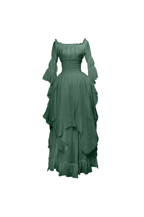 Women's Gothic Witch Dress Puff Sleeve Off Shoulder Ruffle Dresses Medieval Renaissance Costume Victorian Dress