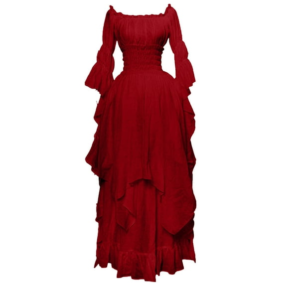 SCSAlgin Women's Gothic Witch Dress Puff Sleeve Off Shoulder Ruffle Dresses Medieval Renaissance Costume Victorian Dress