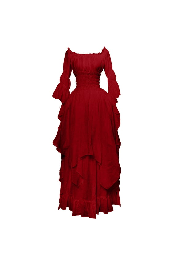 Women's Gothic Witch Dress Puff Sleeve Off Shoulder Ruffle Dresses Medieval Renaissance Costume Victorian Dress