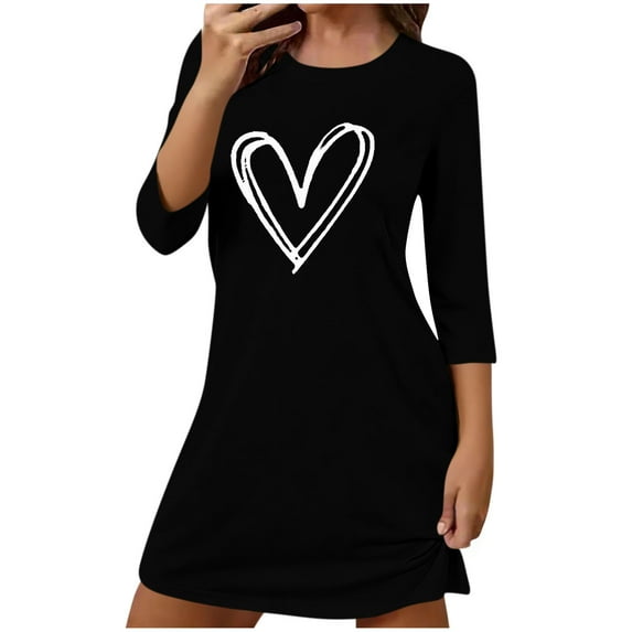SCSAlgin Women's Heart Print Nightgown Soft Sleep Shirt 3/4 Sleeve Pajama Dress Scoopneck Sleep Tee Nightshirt Sleepwear