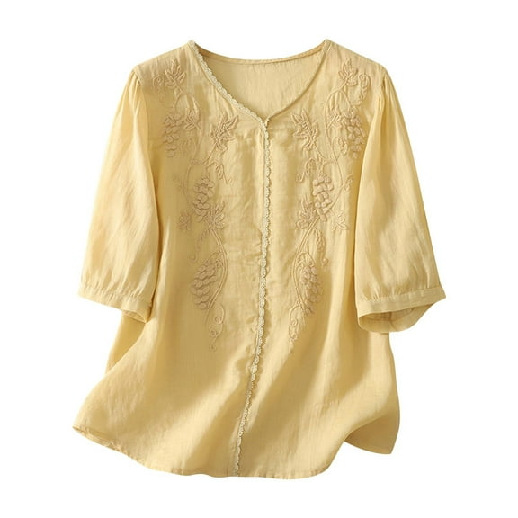 SCSAlgin Women's Imitation Linen Embroidered Lace Splicing 3/4 Sleeved V-Neck Fashion Top