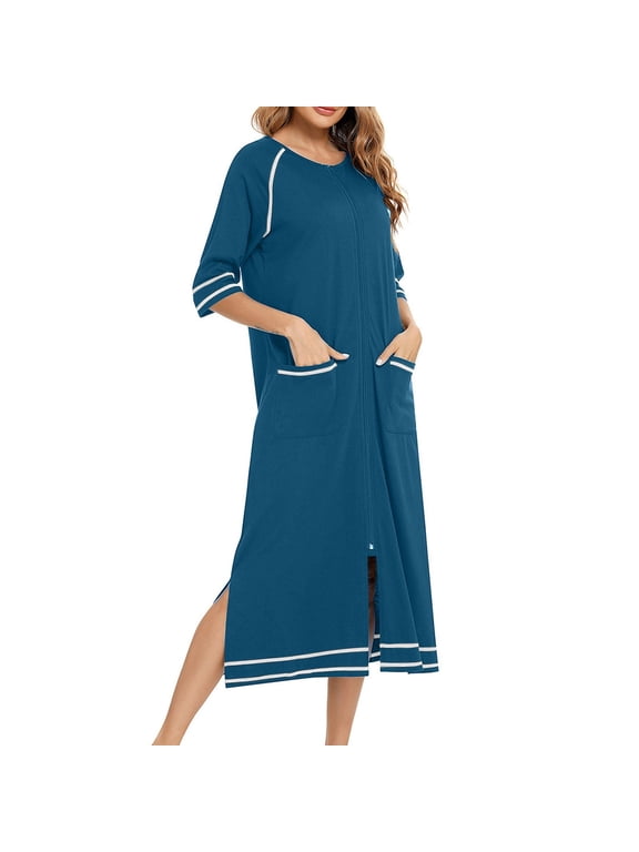 Women's Long House Coat Full Zipper Robes Housecoat with Pockets Bath Robes Lightweight Nightdress
