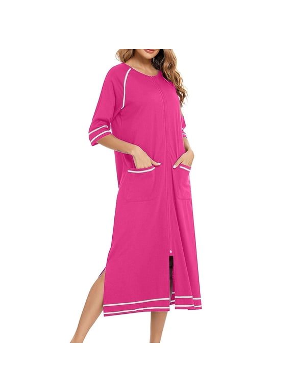 Women's Long House Coat Full Zipper Robes Housecoat with Pockets Bath Robes Lightweight Nightdress