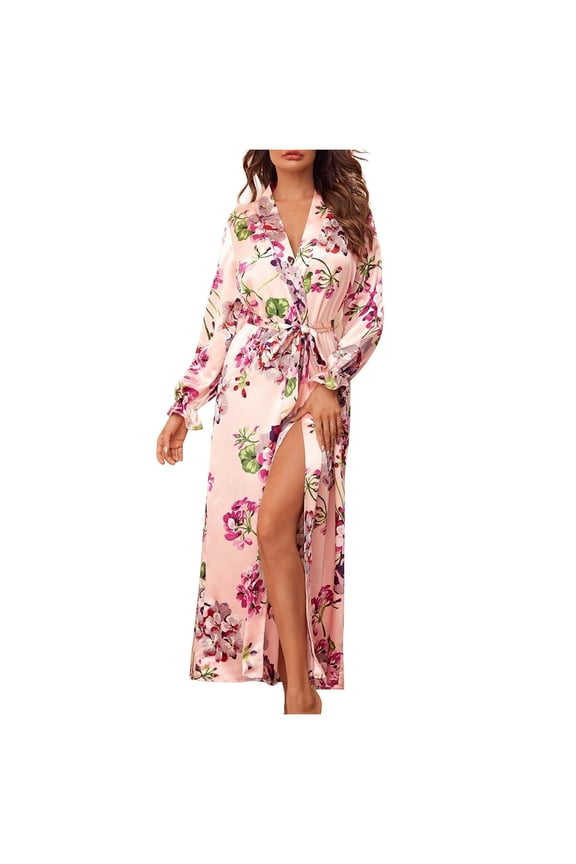 Women's Long Silk Robes Lightweight Long Satin Floral Print Robes Full Length Sleepwear Dressing Gown