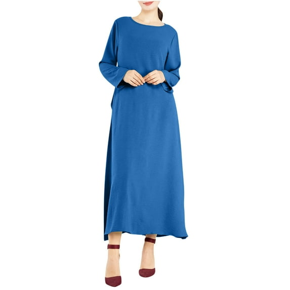 SCSAlgin Women's Long Sleeve Crew Neck Dress Casual Solid Color Dresses with Pockets Flowing Split Maxi Dress