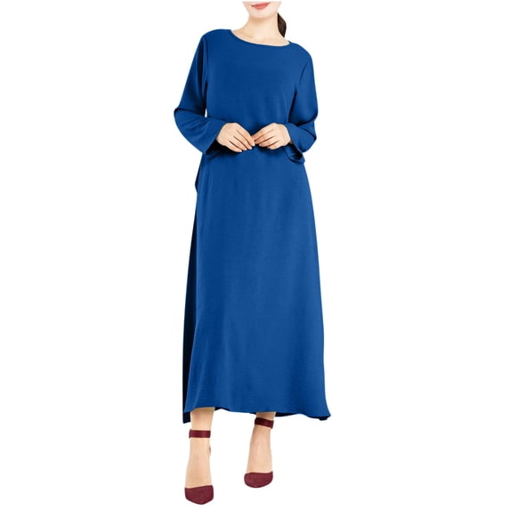 SCSAlgin Women's Long Sleeve Crew Neck Dress Casual Solid Color Dresses with Pockets Flowing Split Maxi Dress