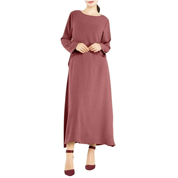 SCSAlgin Women's Long Sleeve Crew Neck Dress Casual Solid Color Dresses with Pockets Flowing Split Maxi Dress