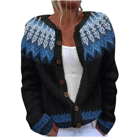SCSAlgin Women's Long Sleeve Retro Print Cardigan V Neck Open Front Button Down Fall Knitted Sweaters