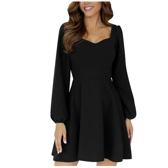 SCSAlgin Women's Long Sleeve Skater Dress for Women 2024 Square Neck Fall Dresses for Weeding Guest Christmas Party Dresses