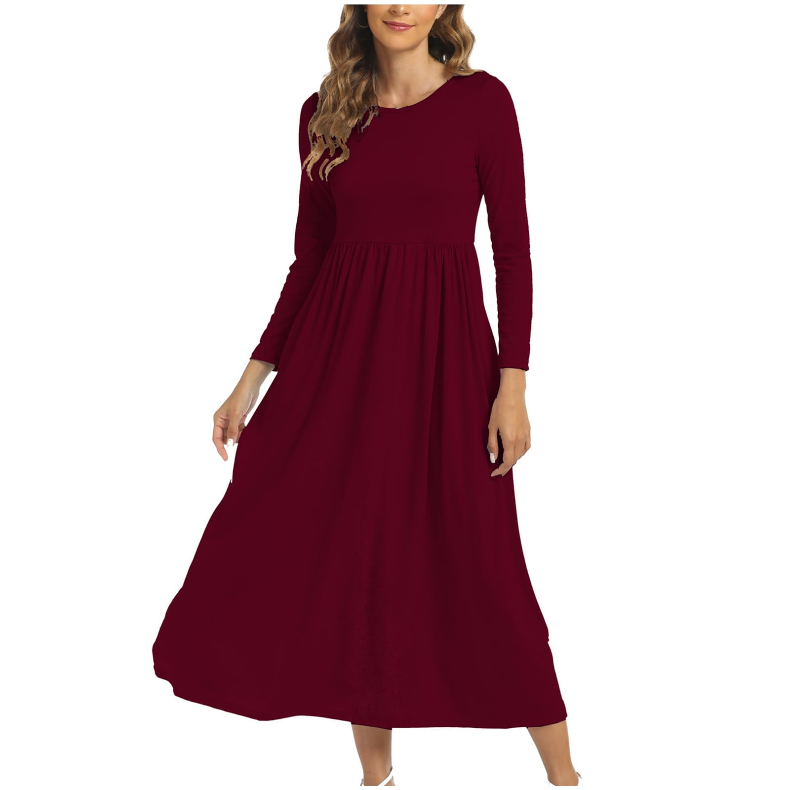 Casual Plain Crew Neck Long Sleeve Maxi Dress main image 1
