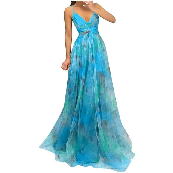 SCSAlgin Women's Mesh Printed Suspender Dress With Suspender V-neck Maxi Dresses