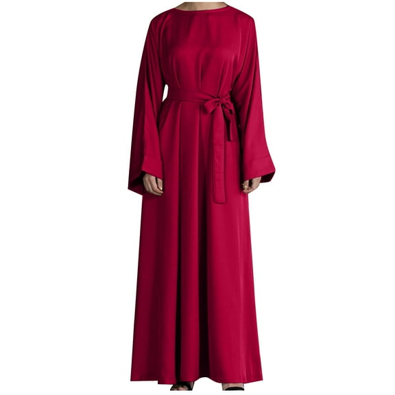 SCSAlgin Women's Muslim Kaftan Abaya Dress Long Sleeve Self Tie Maxi Dress Middle East Arabian Robe Gown