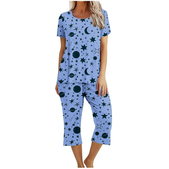 SCSAlgin Women's Pajama Set Short Sleeve Crew Neck Shirt and Capri Pants Sleepwear Pjs Sets