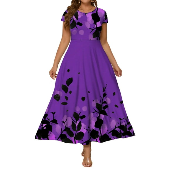 SCSAlgin Women's Plus Size Elegant Floral Print Dress Short Sleeve Round Neck Maxi Dresses