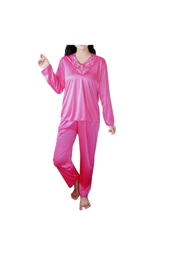 Women's Plus-size Thin Long-sleeved Silk V-neck Silk Set Two-piece Home Wear