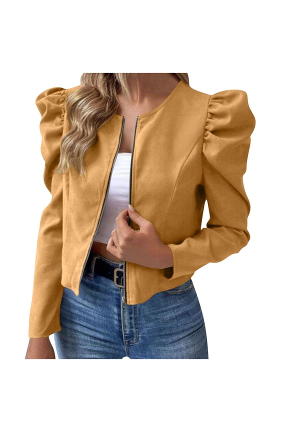 Women's Puff Sleeve Cropped Jacket Bolero Blazer Long Sleeve Open Front Cardigan