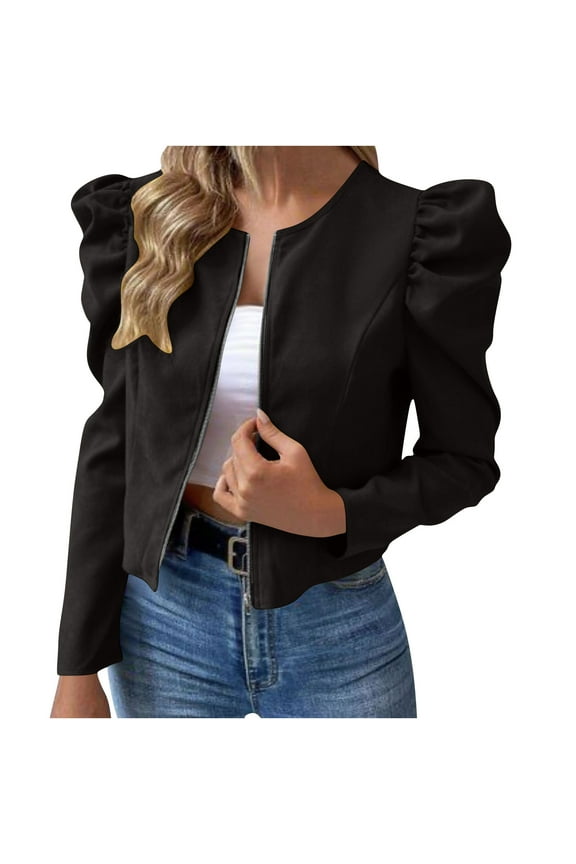 Women's Puff Sleeve Cropped Jacket Bolero Blazer Long Sleeve Open Front Cardigan