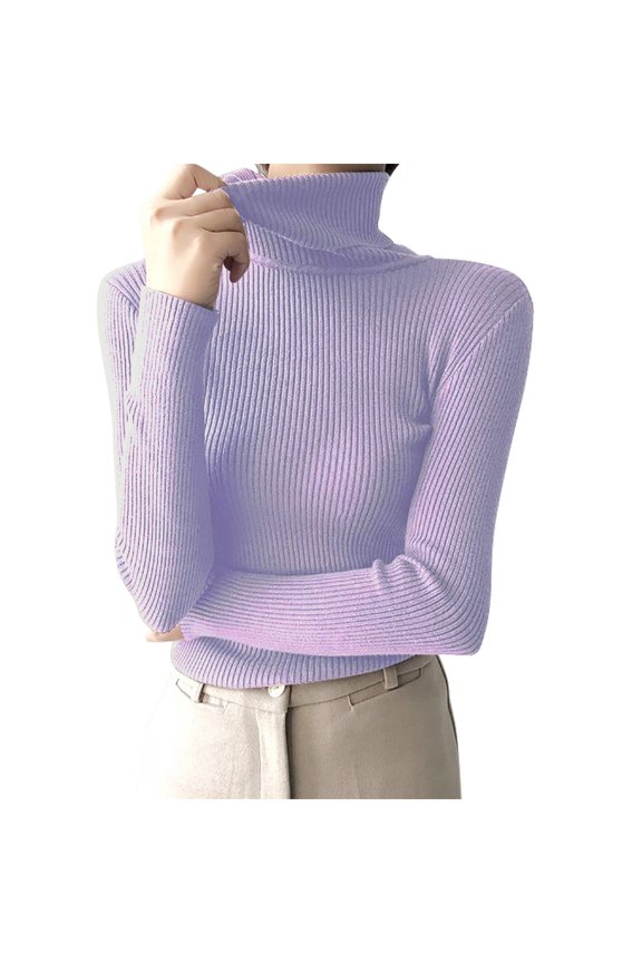 Women's Ribbed Turtleneck Sweater Long Sleeve Knitted Solid Basic Great Stretchy Slim Fit Tops