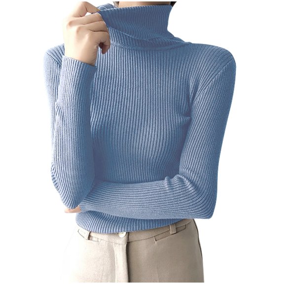 SCSAlgin Women's Ribbed Turtleneck Sweater Long Sleeve Knitted Solid Basic Great Stretchy Slim Fit Tops